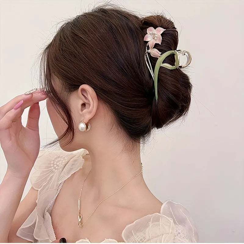 Pink Flower Metal Hair Claw Clip 1 Pcs