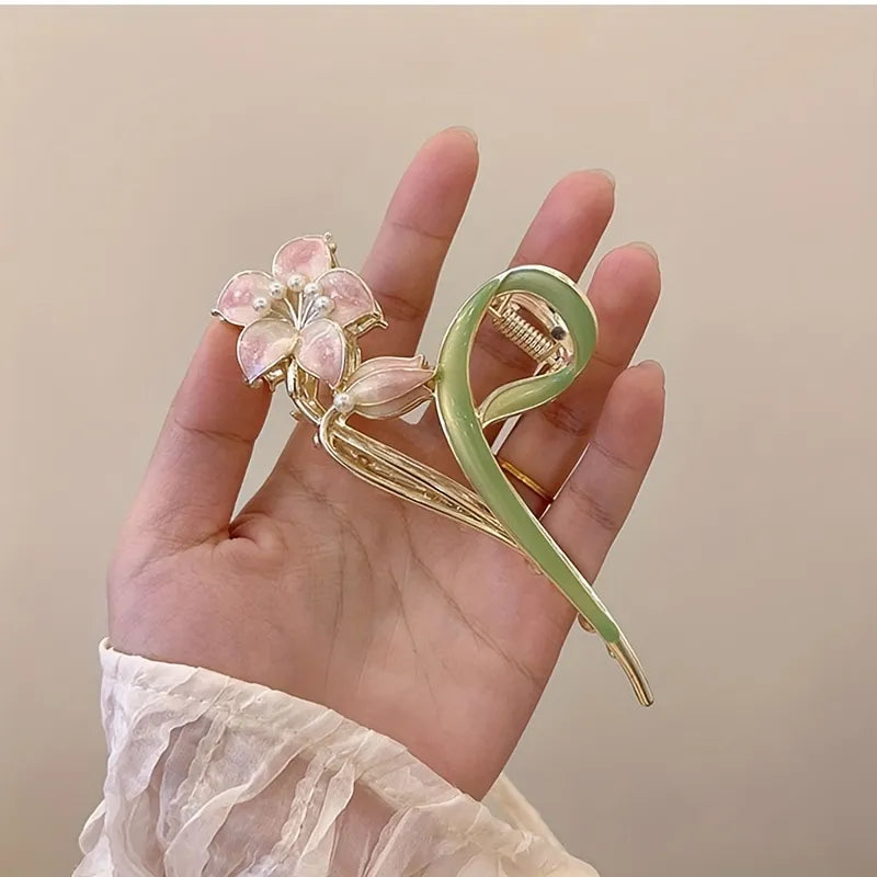 Pink Flower Metal Hair Claw Clip 1 Pcs