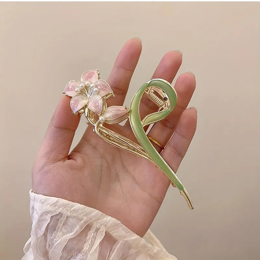 Pink Flower Metal Hair Claw Clip 1 Pcs