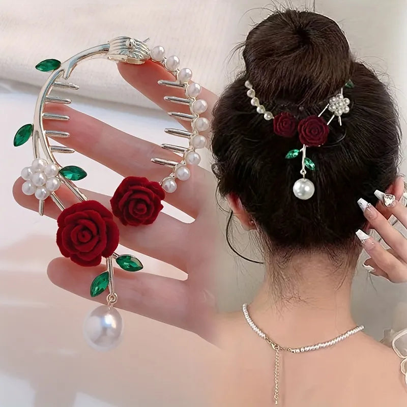 Ponytail Red Flower Hair Clip 1 pcs